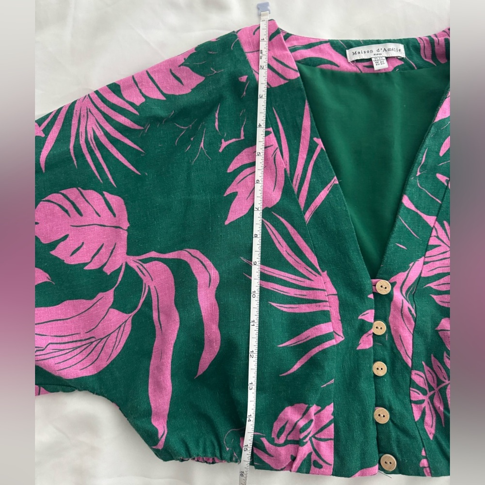 Maison d’Amelie linen blend green and pink midi skirt and cropped top set - Picture 4 of 10
